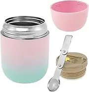 Insulated Food Container - 500 ml Food Grade 304 Stainless Steel Food Thermal Jar, Leakproof Soup Jar with Folding Spoon Portable Wide Mouth Food Jar Dishwasher Safe for Food (Pink)