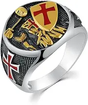 [HZMAN] Knights Templar Ring for Men Stainless Steel Medieval Red Cross Design Retro Ring Jewelry Gift