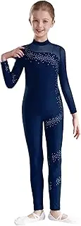[Manyakai] Kids Girls Dance Unitard Rhinestone Splice Mesh Long Sleeve Skating Jumpsuit Stretchy Gymnastics Leotard