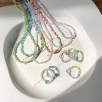 在飛比找ETMall東森購物網優惠-彩色水晶夏天森系女串珠戒指項鏈