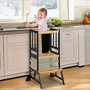 COSYLAND Height Adjustable Kids Standing Tower - Wood Step Stool Learning Helper for Kitchen Counter Bathroom Nursery (Black & Natural)