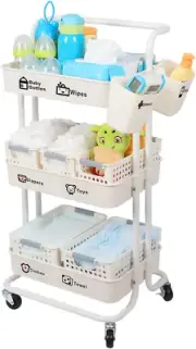 Large Baby Diaper Caddy Organizer Cart Movable, 3-Tier Sturdy Newborn Nursery Es