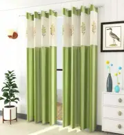 2 Piece Premium Door Curtain Set with Floral Net 7ft Green