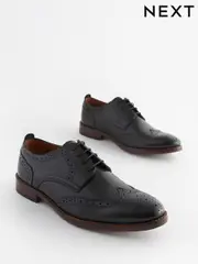 Black Wide Fit Leather Contrast Sole Brogue Shoes (370754) | $113