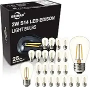 BRIMAX 25PACK 2W S14 LED Outdoor Edison Light Bulbs for String Light Replacement, E27 Screw Base, Shatterproof, 2700K, 2Watt to Replace 11w/20w/25w Incandescent Bulb