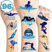 96 PCS Swimming Pre-Cut Temporary Tattoos Birthday Party Decorations Supplies Favors Swim Team Pool Waves Summer Beach Themed Decor Stickers Boys Girls Gift School Prizes Rewards