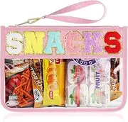 TESAFNG Snack Bag for Travel - Clear Chenille Varsity Letter Flat Pouch with Zipper, Waterproof Clear Nylon Preppy Patch Makeup Cosmetic tote Bags for Women Girls, Snack-Pink, Preppy