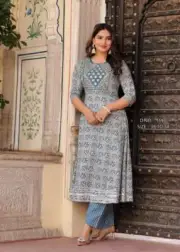 All occsion wear rayon embroidered work anarkali kurti with pant set