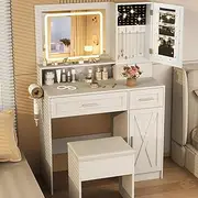 Giantex Makeup Vanity Desk with Mirror and Lights, Dressing Table and Stool Set with Charging Station, 3-Color LED Lights, Jewelry Armoire, Storage Cabinet, Drawers and Open Shelf, White