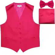 New Men's hot pink formal vest Tuxedo Waistcoat_bowtie & hankie set wedding prom