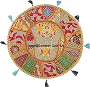 Yellow Color Patchwork Cotton Boho Chic Bohemian Hand Embroidered Round Floor Pillows & Cushion Cover Seating Pouf Ottoman