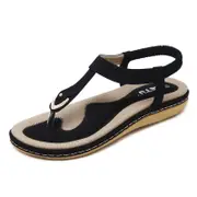 Nevenka Womens Thong Sandals Non-Slip Bohemian Beach T-Strap Flats-Black