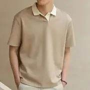 Short-Sleeve Collar Plain Contrast Trim T-Shirt A09 - Khaki - M
