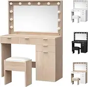 ALFORDSON Dressing Table Stool Set Makeup Desk with LED Mirror Lights in 3-Colour 12 Bulbs, Vanity Dresser Organiser with Chair & Multi Storage Drawers for Women Bedroom, Wood