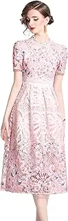 [LAI MENG FIVE CATS] Women's Lace Floral Short Sleeve Crochet Waist Cocktail Midi Dress