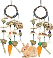 Grddaef Rabbit Chew Toys, Bunny Cage Hanging Toys Rattan Ring Treats Grinding Teeth for Rabbit Guinea Pig Chinchilla Hamster Ferret