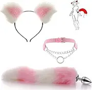 Multiple Sizes Metal Fox Tail,White-Pink Cat Ears Headband and metal Circle Necklace for Cosplay