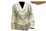Women's Off White Leather Jacket Beads, Studs, Bone & Fringe With Snaps