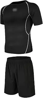 [GUANYUA] Sports Suit Men, Men's Running Fitness Clothes, 2-pcs Short-Sleeved Quick-Drying T-Shirt + Shorts Sports Clothes Black Tight-L