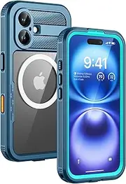 Lanhiem for iPhone 16 Waterproof Case, [Compatible with MagSafe] Heavy Duty Shockproof Dustproof Cover with Built in Screen Protector, Protective Magnetic Phone Case for iPhone 16-6.1 inch (Blue)