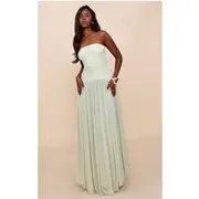 Sage Bandeau Chiffon Pleated Maxi Dress, Sage