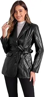 [Allegra K] Women's Faux Leather Blazer Jackets Button-Down Lapel Tie Waist Blazer Coat with Pockets