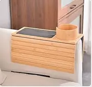 Foldable Bamboo Tray with Cup Holder, Foldable Bamboo Couch Arm Table Tray, Foldable Bamboo Couch Cup Holder, Universal Fit Couch Cup Holder Organizer,for Drinks Cellphone TV Remote Snacks Caddy