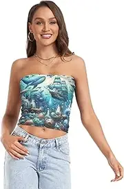 [RPLIFE] Fantasy Vintage Ocean Lives Crop Tube Top, Strapless Tops for Women Summer, Sheer Tube Tops, Trendy Crop Tops (S)