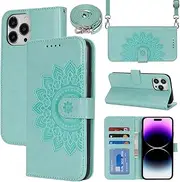 [Cavor] Crossbody Wallet for iPhone 14 Pro Max 6.7'' PU Leather Case Magnetic 3D Embossed Flower Women Flip Kickstand with Card Holder Shoulder Lanyard Protective Cover-Long Strap Flower Light Green
