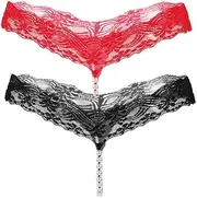 [Heavelove] 2 Pack Womens Pearls Mini Bikini G-String Thongs Peral Chain String Cute Lingerie T Pants Lace Thongs M-XXL