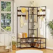 medla Coat Rack with Shoe Storage: Coat Stand with Shoe Bench Hall Tree Free Standing Clothes Hat Hanger with Metal Frame Industrial Style for Hallway Entryway Living Room