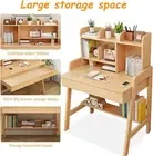 Height Adjustable Kids Desk with Drawer &Bookshelf,Solid Rubber Wood Study Table