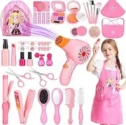 Hapgo Hair Salon Toys for Girls, 39 Pcs Pretend Play Makeup Toys Set, Beauty Play Hair Styling Kit with Blow Dryer, Barber Apron and Scissors Accessories Girls Toys for 3-9 Year Old
