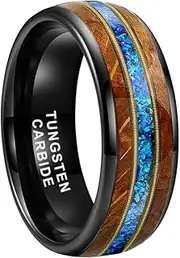 [TUTISS] 8mm Tungsten Rings for Men Women Engagement Wedding Bands Whisky Barrel Wood Guitar String Blue Opal Inlay Domed Polished Comfort Fit