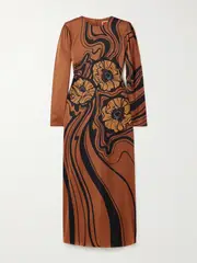 [La DoubleJ] La DoubleJ - Icon Clingy Swing Floral-print Satin Midi Dress - Brown - small small Brown