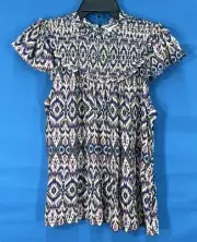 NWT ROSE+OLIVE Beige/Blue/Pink BOHO PRINT Rayon Challis SMOCKED NECKLINE Top S