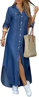 [Kuraki] Women's Casual Print Button Front Maxi Shirt Dress