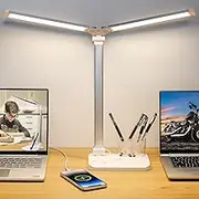 iVict Dual Swing Arm LED Desk Lamp, 5 Modes Touch Control Brightness Levels Desk Light with 45-Minute Auto-Off Timer, USB Charging Port, Memory Function, Pen Holder for Office