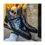Handmade Black Alligator Pattern Crocodile Leather Single Monk Strap Dress Shoes