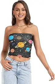 [RPLIFE] Playful Coloful Planets Black Summer Tube Tops, Strapless Tank Top, Mesh Tube Tops, Trendy Crop Tops (S)