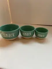 Set of 3 Nesting Creative Co -Op ? Turquoise & Cream Ceramic Bowls Marked Snack