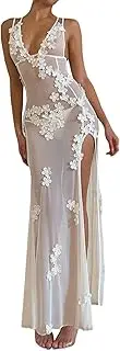 [KMBANGI] Women Lace Dress Sexy See Through Mesh Floral Patchwork Midi Long Dress Sleeveless Cover Up Maxi Dresses