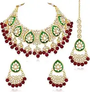 [Aheli] Kundan & Beads Studded Maroon Green Necklace Dangle Earrings & Maangtikka Jewellery Set for Women, One Size, Metal, No Gemstone