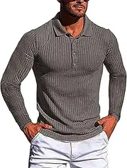 [Generic] Men's Muscle V Neck Polo Shirts Button Down Long Sleeve Sweater Lightweight Fashion Casual Collared T Shirts