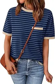 [LILLUSORY] Womens Striped Short Sleeve Sweater Pullover Shirts with Chest Pocket