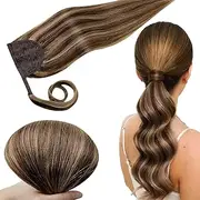 RUNATURE Long Ponytail Extension Human Hair 20 Inch Straight Brown Ponytail Hair Extensions with Magic Paste Walnut Brown Highlight Dark Blonde Pony Tails Thick Hair Extension Double Weft 80g