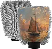 XYMZR Sailboat Sunset Sea Absorbent Microfiber Car Wash Mitt, Funny Cute Anime Scratch Free for Cars Cleaning, Home Cleaning Mitts, 2 Pack, 10.24” L x 7.09” W