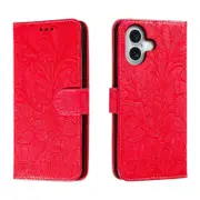 For iPhone 16 Case, PU Leather Floral Lace Cover, Red