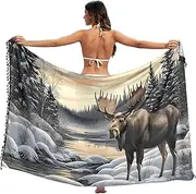 [XYMZR] Women's Sarong Swimsuit Coverups Landscape Moose Winter Chiffon Bikini Wraps Skirt with Tassels L