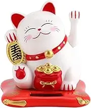 Bewinner Waving Lucky Cat, Solar Powered Cute Waving Cat Good Luck Wealth Welcoming Cats Home Display Car Decor Feng Shui Decoration (White)